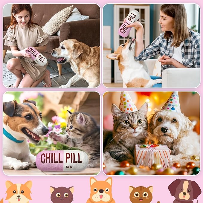 CUweipeng Funny Dog Squeaky Toy - Pink Chill Pill Capsule Shaped Teething Squeak Plush Pet Toy Bite Kick Indoor Interactive Training Play Supply for Small Dog Cat Present Pet Lover Gift Photo Props