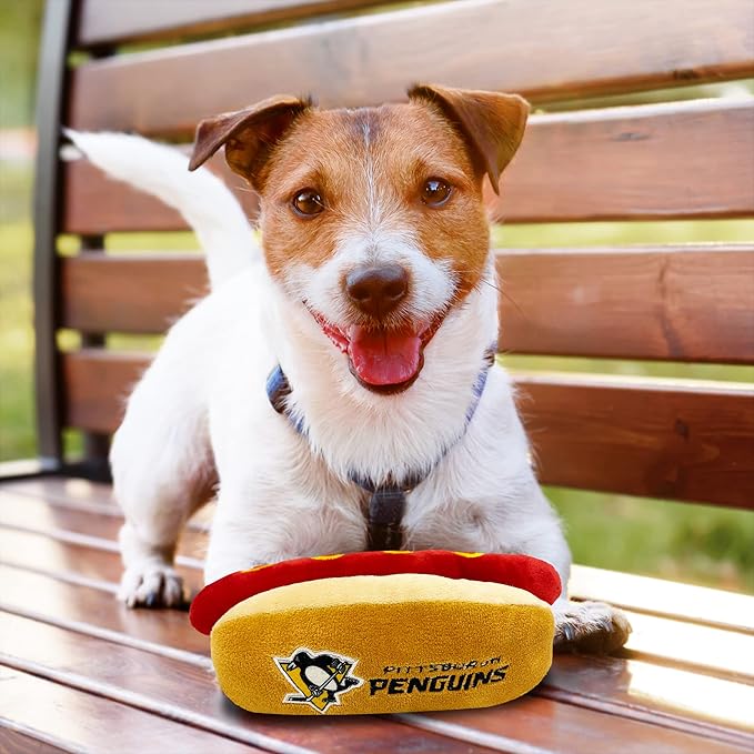 Pets First NHL Pittsburgh Penguins HOT Dog Plush Dog & CAT Squeak Toy - Cutest HOT-Dog Snack Plush Toy for Dogs & Cats with Inner Squeaker & Beautiful Hockey Team Name/Logo
