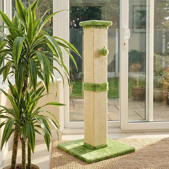 Fansafurn Tall Cat Scratching Post, 32'' Heavy Duty and Thick Scratching Post, Scratching Post for Adult Cats, Thick Sisal Rope with Hanging Ball, Green