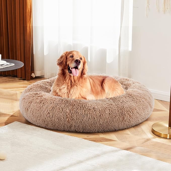 DUMOS 37.4x37.4 Inch Calming Donut Dog Beds for Large Dogs, Machine Washable Cuddler Warming Cozy Fluffy Faux Fur Plush Round Pet Bed, Anti-Slip Bed for Indoor Dogs and Cats, Brown