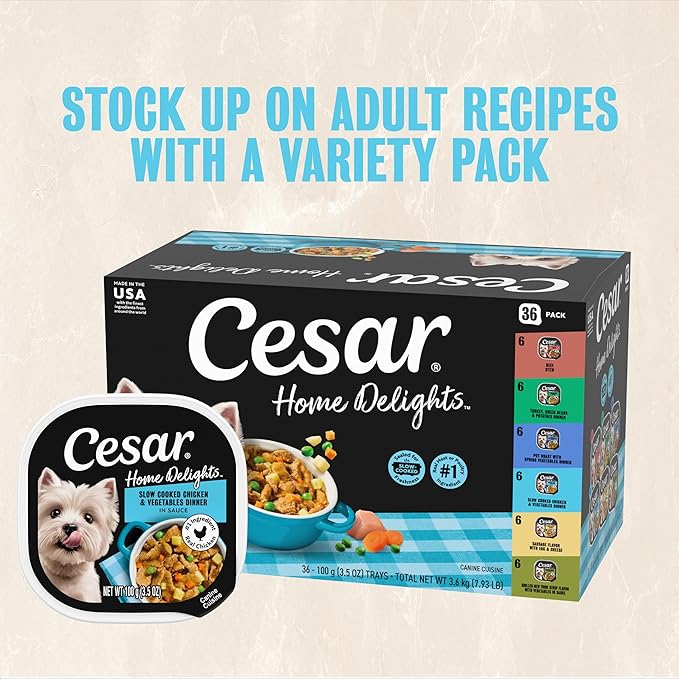 Cesar Home Delights Adult Wet Dog Food, Slow Cooked Chicken & Vegetables Dinner in Sauce 3.5 oz. Easy Peel Dog Food Tray, 24 Count (Pack of 1)