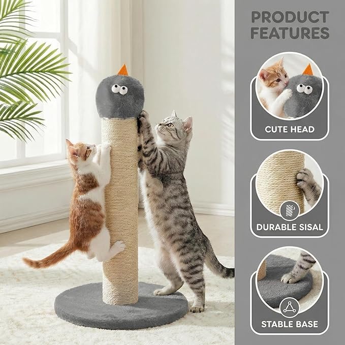 Cat Scratching Post for Small Space, 22'' Scratching Posts for Indoor Cats Adults, Extra Wide 13.4" Stable Base & Natural Sisal, Cute Cat Scratching Post with Short Plush Fabric for Large Cats, Gray
