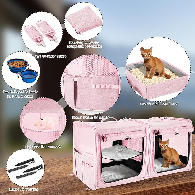 Large Cat Carrier for 2 Cats with Zipper Locks, Double Cat Carrier with Travel Litter Box, Soft Pet Travel Carrier for Cats and Small Dogs Up to 45 Lbs, Pink
