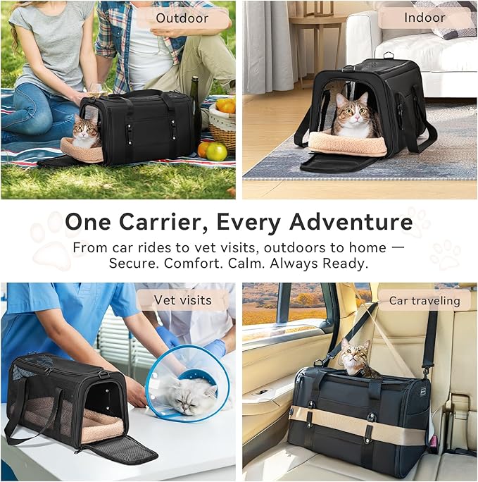 PETSFIT Large Cat Car Carrier with Patented Safety Buckles(19 x 12 x 12) β Roomy Escape-Proof for Safe Driving, Lockable Zippers & Safety Tether, Soft-Sided Travel Carrier for Road Trips & Vet Visits