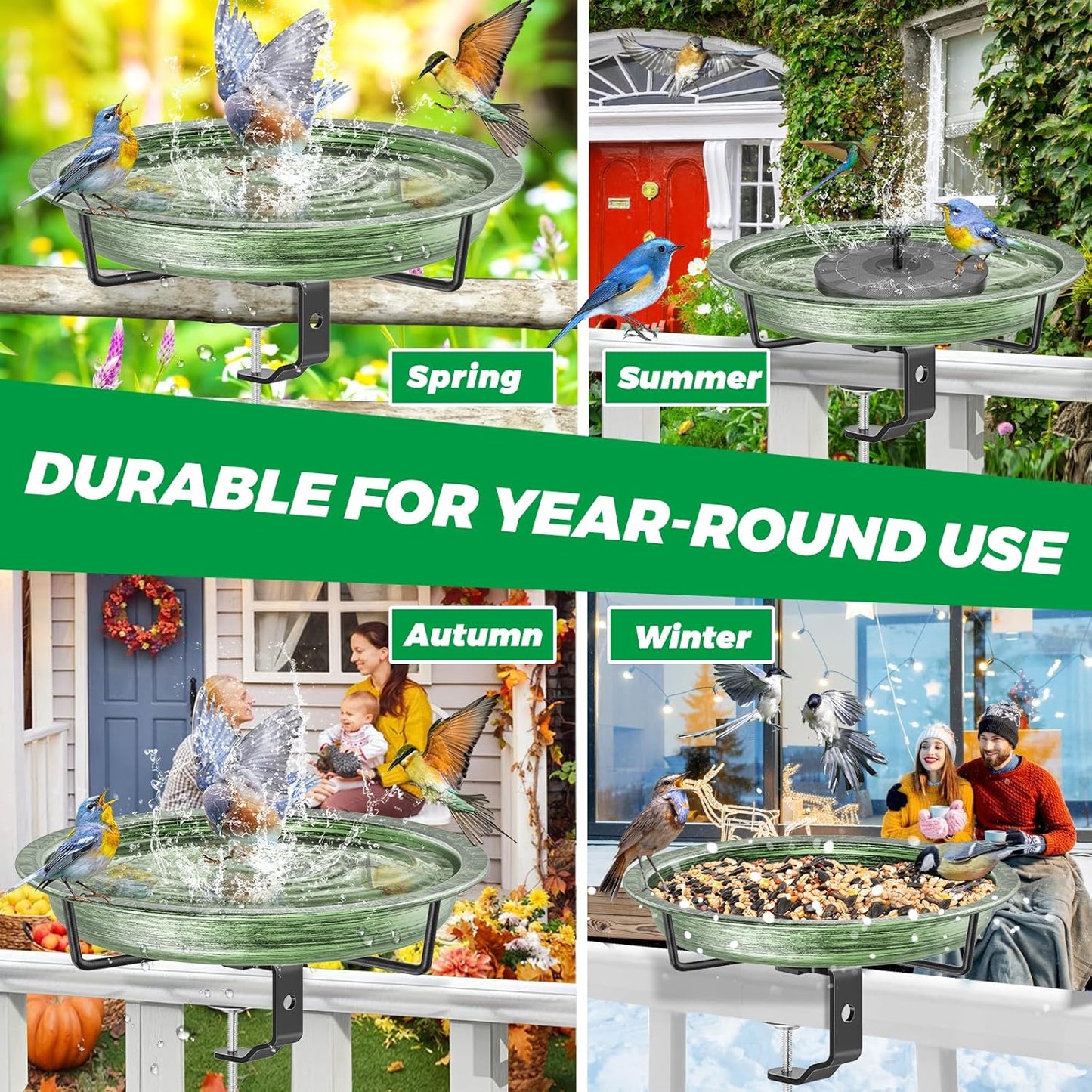 Deck Mounted Bird Bath for Outside, Detachable Birdbath Bowl with Sturdy Clamp, Outdoor Bird Baths Bowl for Attracting Birds Garden Yard Decor (Retro Green)