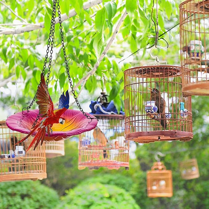 Kichvoe Flower-Shaped Hanging Bird Feeder and Solar Heated Bird Bath for Garden Outdoors, 8-inch Swing Design with Petal Shape, Sturdy Hanging Wildlife Feeder for Backyard Birding