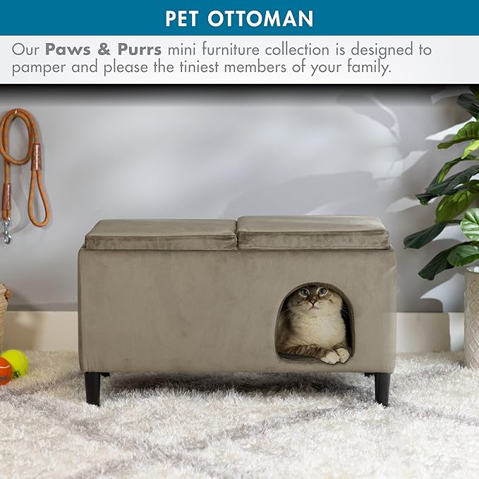 Paws & Purrs 32″ Wide Modern Dual-Purpose Ottoman & Multi-Cat Bed – Stylish 2-in-1 Footstool & Cozy Hideaway for Multiple Cats – Removable Cushioned Top, Hidden Storage, Ash