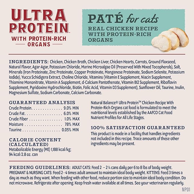 Natural Balance Ultra Protein Wet Cat Food Pate, Real Chicken Recipe with Protein-Rich Organs for Cats, Pate Cat Food with High Protein - 2.8 oz. (Pack of 24)