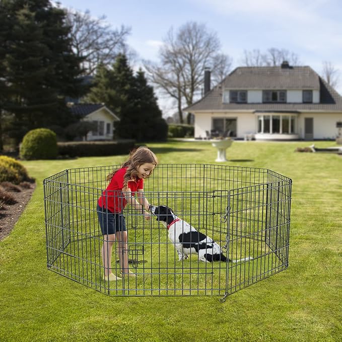 NEZUC Foldable Metal Dog Exercise Playpen Gate Fence Dog Crate 8 Panels 24 Inch Height Puppy Kennels with Top Cover/Bottom Pad for Animals Outdoor Indoor (Playpen+Bottom Pad, Brown, 24" H)