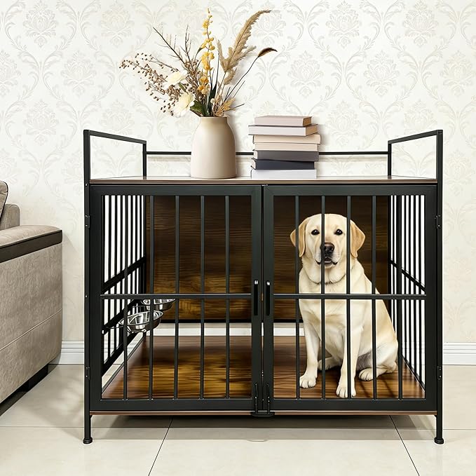 41 Inch Dog Crate Furniture for Large Dogs, Wooden Indoor Dog Cage with Double Doors, Built-in 360° Swivel Bowls, Comfortable Flat Floor, Rustic Style End Table Kennel