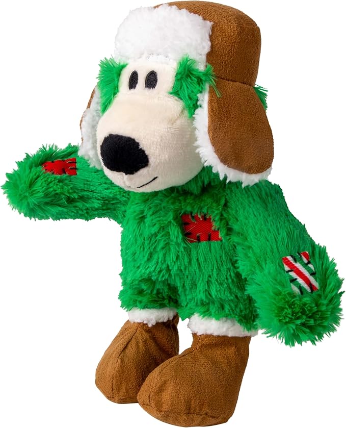 KONG Christmas Holiday Wild Knots Bear Dog Toy – Durable Rope Skeleton, Squeaker for Long-Lasting Play, Less Stuffing for Less Mess, Assorted Colors (1 Pack, Small/Medium)