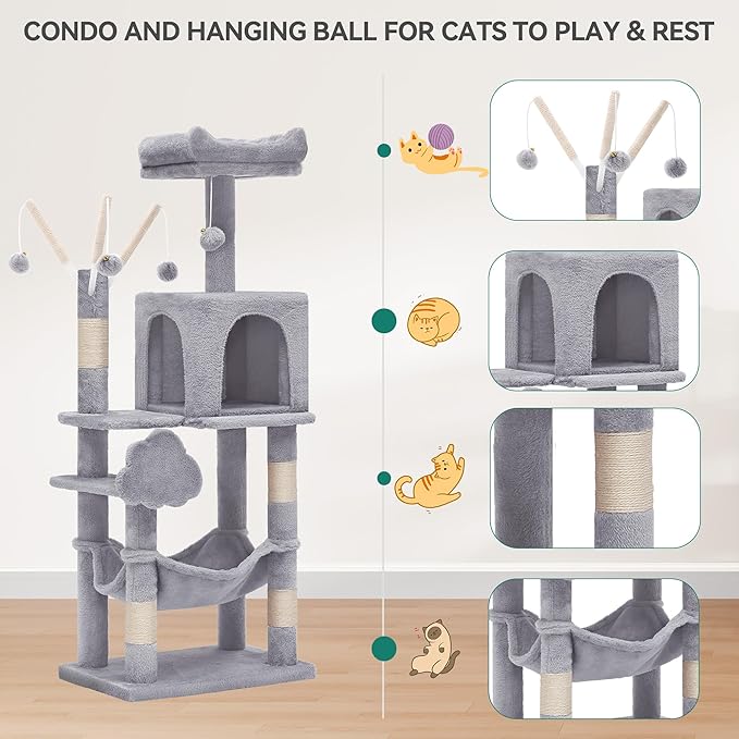 YITAHOME 44in Multi-Level Cat Tree for Indoor Kittens, Cat Furniture with Scratch Posts, Window Padded Plush Perch, Comfortable Hammock, and Interactive Pompoms, Light Gray