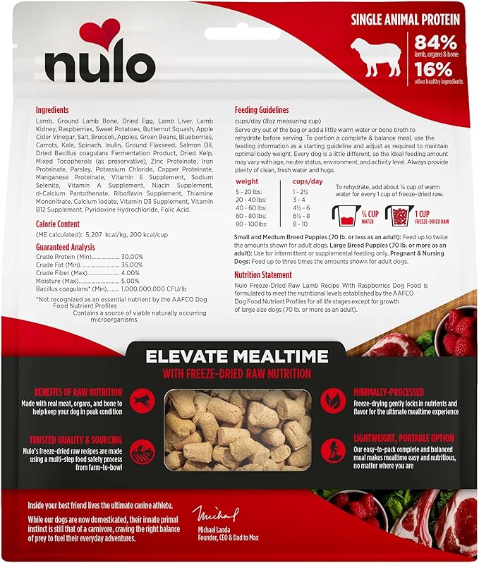 Nulo Freeze-Dried Raw Lamb Recipe with Raspberries Complete and Balanced Dry Dog Food Kibble, 8 Ounce Bag