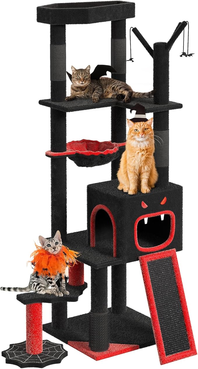 YITAHOME Gothic Cat Tree with Coffin Bed, 60" Tall Cat Tower for Indoor Cats with Top Perch, Spacious Cat Condos, Spider Hanging Balls,Comfy Basket, Scratching Post and Ladder, Black Halloween