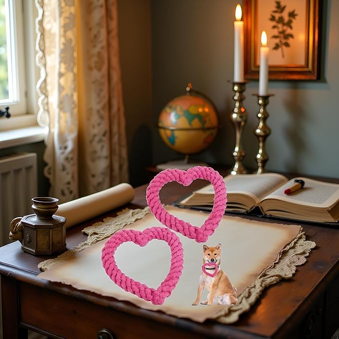 2Pcs Pink Cute Dog/Cat Chew Toys, Dog Toys for Chewers, Heavy Duty Dental Dog Rope Toy for Dogs, Creative Love Heart Shaped Interactive, Girl Puppy