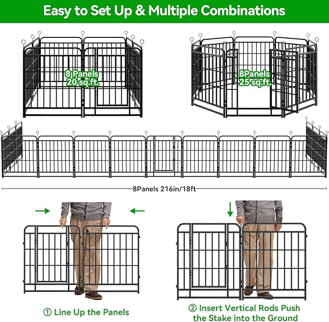 Kfvigoho Heavy Duty Dog Playpen: 8 Steel Panels 47" Height, Square Steel Pipe with Reinforced Crossbars, 18FT 25 Sq.ft Portable Fence for Yard RV Camping, Snowy Black
