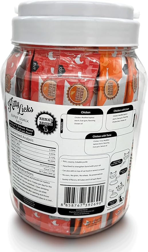 Rena's Recipe Kitty Licks Lickable Cat Treats Chicken Variety Pack 60 Tubes Creamy Cat Treat Purée Grain Free Cat Squeeze Treats Value Pack