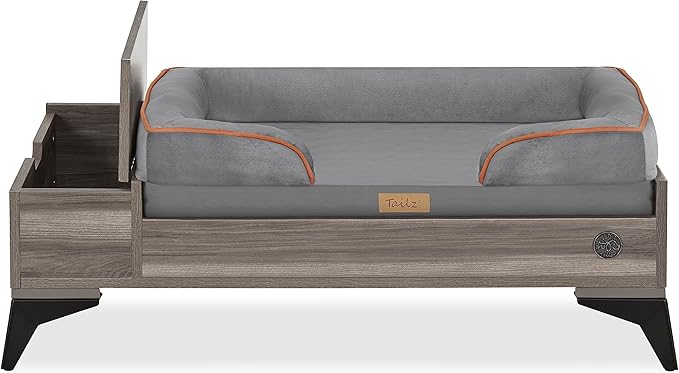 Wooden Dog Bed with Mattress, Small to Medium Elevated, Water Resistant Pet Bed, Wooden Pet Bed with Storage, Greenguard Gold Certified, Machine Washable Cover, Smokey Grey, Wyatt - TailZzz