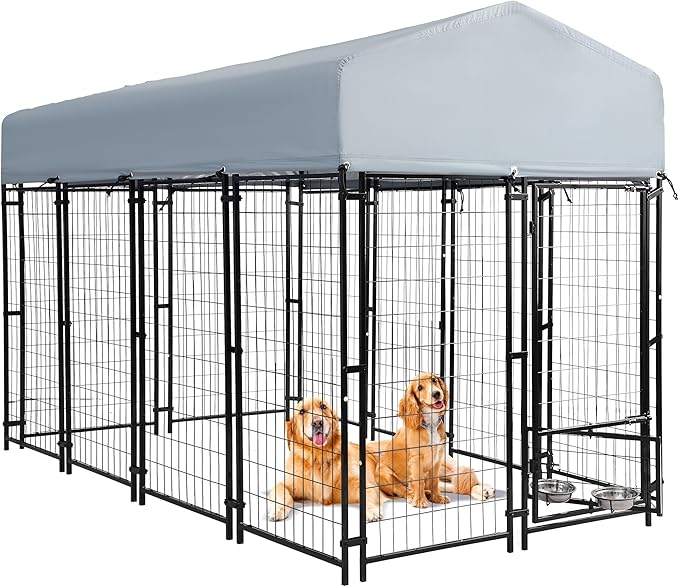 Outdoor Dog Kennel, 8x4x5.7 FT Dog Enclosure with Waterproof Roof Cover & 2 Rotating Dog Bowls for Large Dogs, Welded Wire Steel Outside Dog Fence Dogs Exercise with Secure Lock