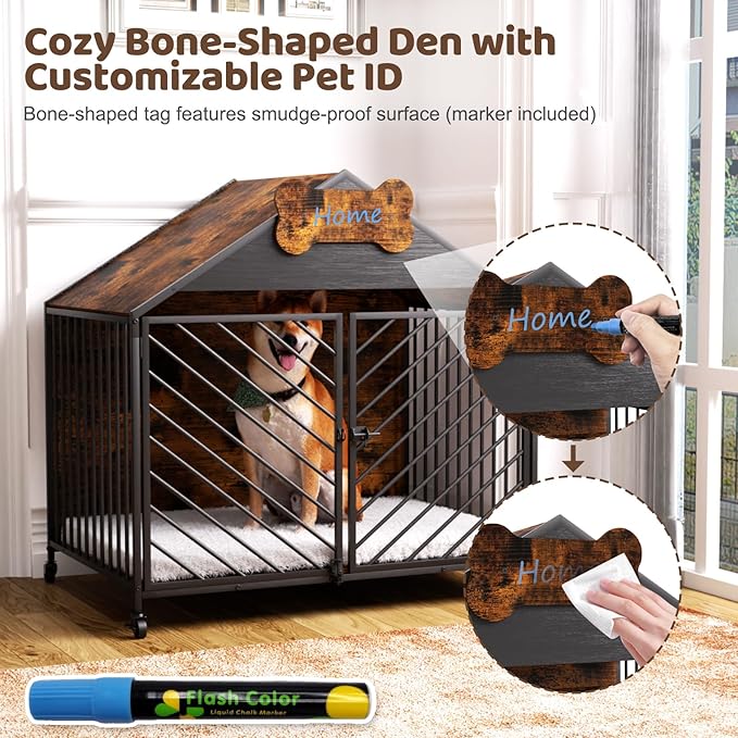 Furniture Dog Crate for Small & Medium Dogs, 32" Gable Roof Indoor Kennel with Double Locking Doors, Escape Proof Chew Proof Metal Dog Cage, Heavy Duty Wood-Style Crate for Home Decor, Rustic Brown