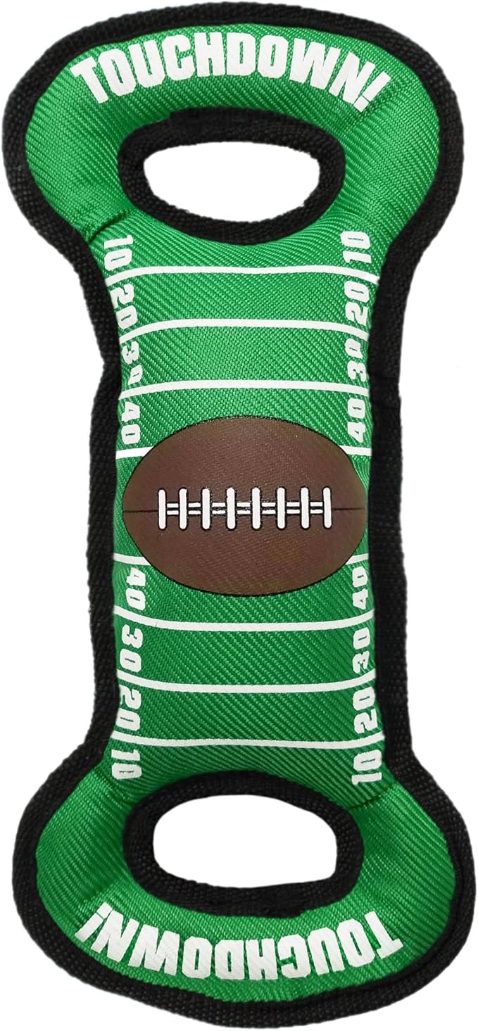 Pets First Football Field Dog Toy with Squeaker. for Tug, Toss, and Fetch. - Tough & Durable PET Toy, Nylon Field Toy, Blue/Gold