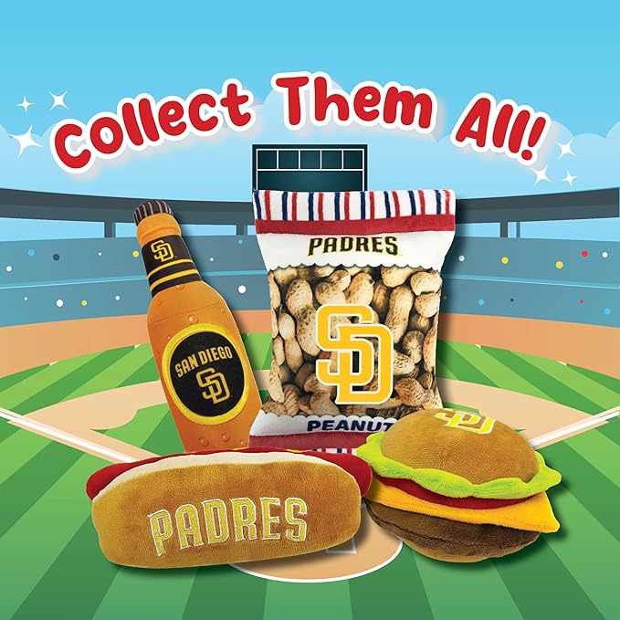 Pets First MLB San Diego Padres Stadium Beer Bottle Plush Dog Toy-Cutest Plush Toy for Dogs & Cats with Inner Squeaker & Premium Embroidery of Baseball Team Name & Logo
