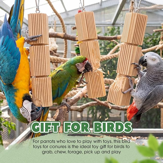 CroBlissful 3 Pcs Parrot Chew Toys Large Hanging Bird Toys for Parrot 9 Inch Natural Wooden Bird Foraging Toy Beak Grinding Blocks for Parakeet, Cockatiel, Conure, Lovebird, Macaws, African Grey