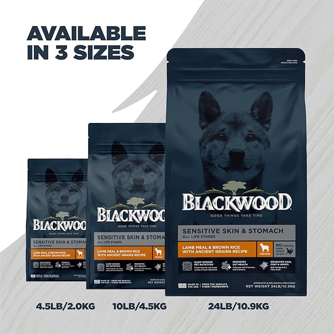 Blackwood Sensitive Skin & Stomach Dry Dog Food, Lamb Meal & Brown Rice with Ancient Grains, 10 Pound Bag with Prebiotics & Probiotics to Promote Gut Health