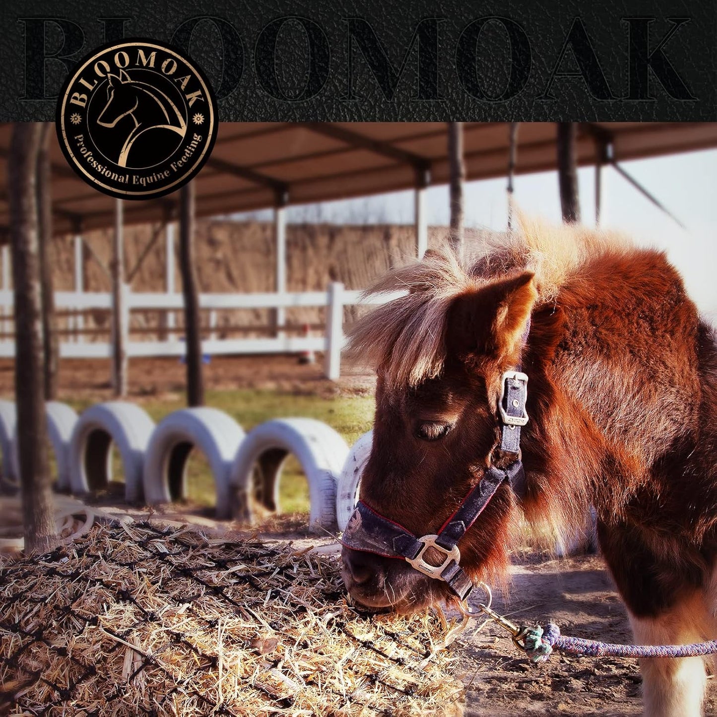 Bloomoak Slow Hay Net Feeder for Horses, Durable Soft Black PE 2/3 String Hay Bales Bags, Fit 36x18x18 to 47x25x17 Inches, Extends 50-64 Inches (3 1.6" Hole/1PC)