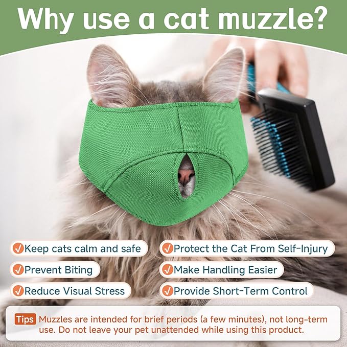 BARKLESS Cat Calming Muzzle for Grooming & Nail Trimming, Oxford Muzzle with Shading Design to Help Calm the Cat Down, Soft Head Cover to Prevent Biting & Scratching (Green, M)