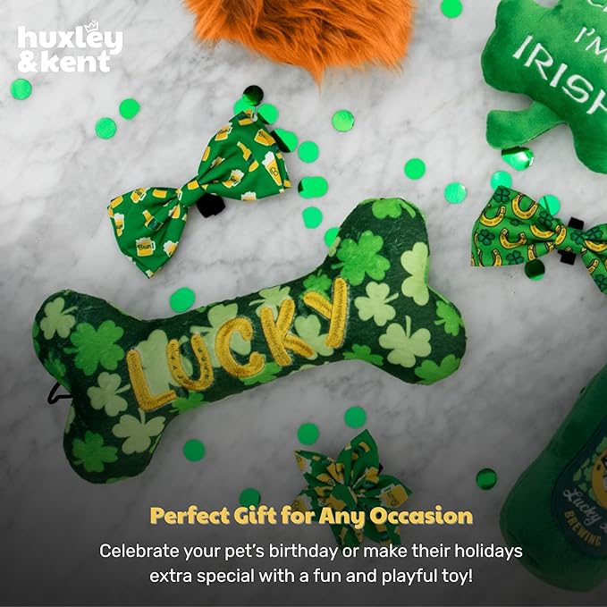 Huxley & Kent Funny Dog Toy w/Squeaker – St. Patrick's Day Power Plush Squeaky Dog Toys for Small, Medium & Large Dogs – Soft Stuffed Animal for Indoor Play & Fetch - Lucky Charm Bone, Small