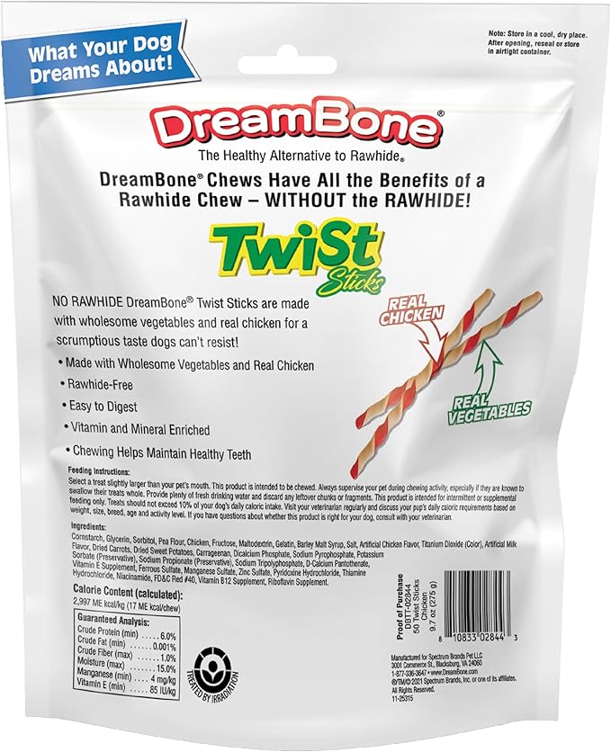 DreamBone Twist Sticks Chews for Dogs, Treat Your Dog to Easy-to-Digest Rawhide-Free Chews Made with Real Vegetables and Chicken, 50 Count