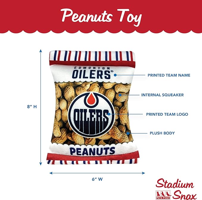 Pets First NHL Edmonton Oilers Crinkle Fine Plush Dog & Cat Squeak Toy - Cutest Stadium Peanuts Snack Plush Toy for Dogs & Cats with Inner Squeaker and Beautiful Hockey Team Name/Logo
