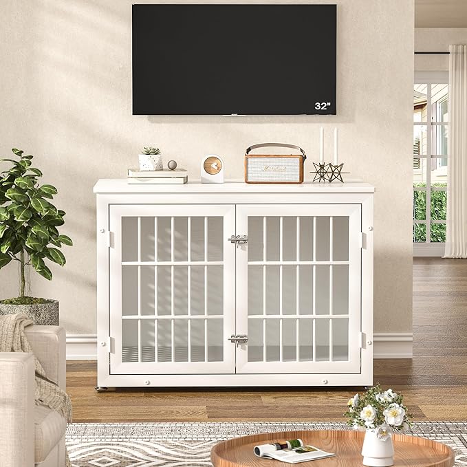 rehomerance 38" Heavy Duty Dog Crate Furniture for Large and Medium Dogs,Wooden Metal Kennel for High Anxiety Dogs, Chew Proof Pet Cage Indoor, Decorative Dog Kennel End Table, White