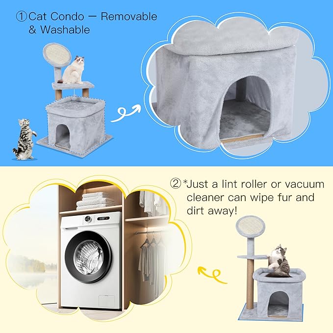 33 inch Small Cat Tree Tower, Cat Tree for Indoor Cats, Cat Scratching Post with Sisal Scratching Pad & Board, Cat Condo for Large Cats and Kittens, Cat Playhouse with Hanging Ball for Play, Grey