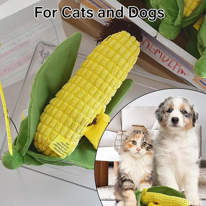 Dog Enrichment Toys, Cute Corn Design, Squeaky & Crinkle Dog Chew Toy, Treat Dispenser for Small & Medium Dogs & Cats, Stress-Relieving Interactive