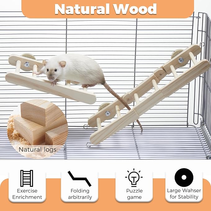Rat Enrichment Bundle Interactive Puzzle Feeders with Adjustable Climbing Gym Set Includes 2 Foraging Toys and Flexible Wooden Ladder for Rats Mice Small Birds Cage Accessories