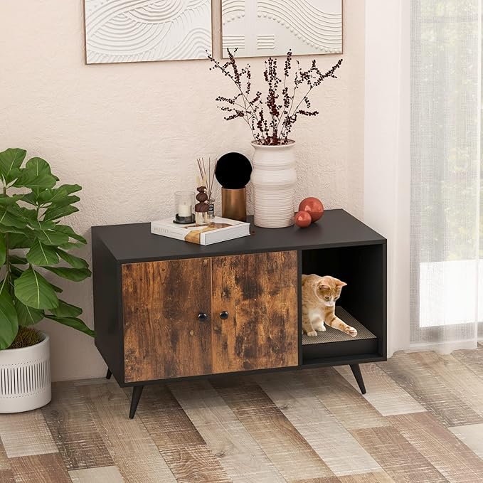 Giantex Cat Litter Box Enclosure, Hidden Cat Washroom Furniture, 2-Door Cabinet, Front Entry, 3 Vent Holes, Cat Scratching Pad, Wooden Pet House Crate End Table for Living Room (Black & Rustic Brown)
