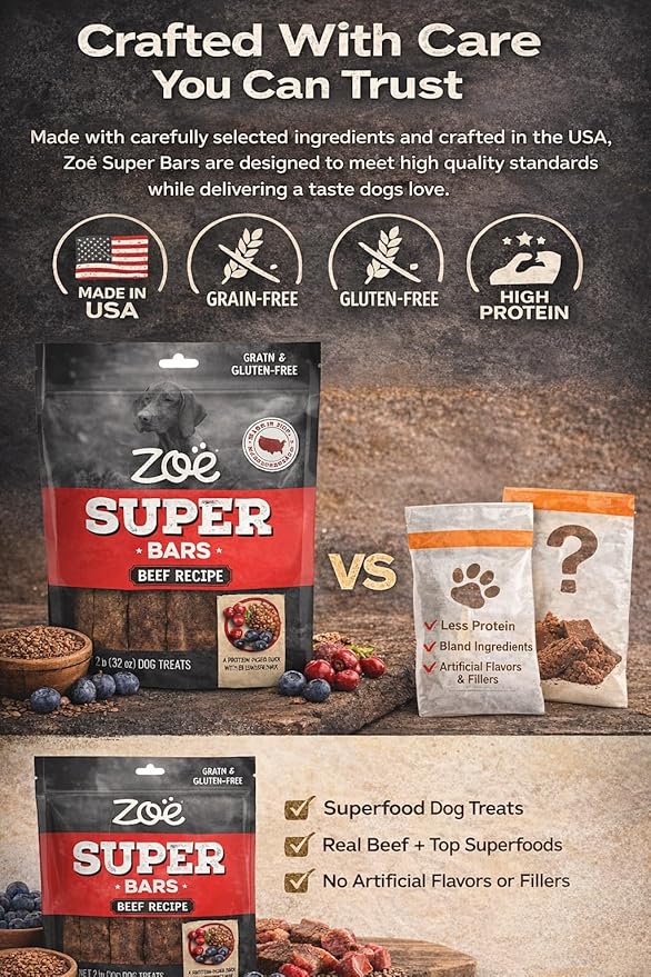 Zoe Super Bars Beef Recipe Dog Treats - Protein Packed Snacks with Berries and Flax Grain Gluten Free 32 oz Bag Big of Made The Finest Ingredients, 2 Pound (Pack 1)