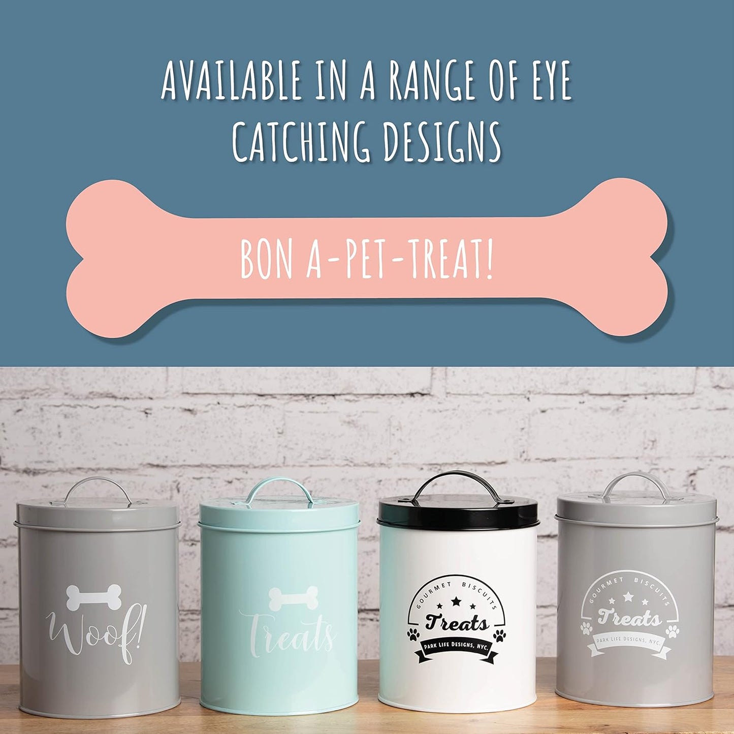 Park Life Designs - Metal Pet Treat Jar with Airtight Lid for Dogs, Cats, Puppies and More, Chic Kitchen Countertop Container for Cookies, Biscuits and Treats (Gourmet Biscuits, Grey, 1.4 Qt)