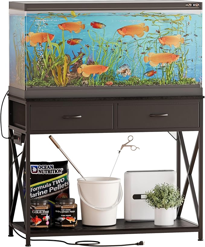 40-50 Gallon Fish Tank Stand,Aquarium Holder with Power Outlet and 2 Drawers,Heavy Duty Breeder Turtle Terrarium Stand Suitable for Turtle Tank, Reptile Terrarium, for Home Office (Black)