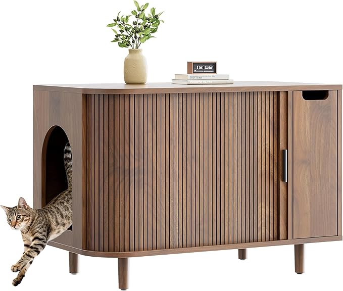 IRONCK Cat Litter Box Enclosure with Sliding Tambour Door – Wooden Hidden Cat House Furniture with 2-Layer Drawer, Side End Table for Living Room, Brown