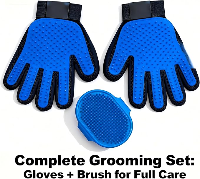 Cat & Dog Grooming Gloves – 1 Pair Deshedding Tool with Pet Massage Bath Brush, Gentle Hair Remover & Massage Mittens, Suitable for All Fur Types (Blue)