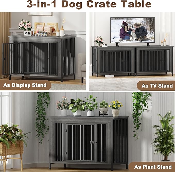 EasyCom Dog Crate Furniture for 1 or 2 Dogs, Heavy Duty Single/Double Dog Crates for Small/Medium/Large Dogs, Dog Kennel Furniture Indoor as TV Stand, Extra Large Size 47.24" L(65-92 Pounds), DGY