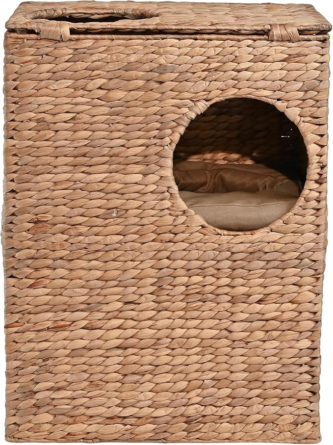 CHS1000A Jaxon 18" Modern Classic 2-Tier Handwoven Hyacinth Rectangular 5-Hole Cat Condo with 2 Machine-Washable Cushions, Natural