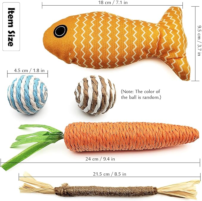 Tipmant Pet Cat Teaser Interactive Toy Kitten Kitty Teeth Molar Kit Contains 1 Catnip Fish, 1 Carrot, 1 Chew Stick, 2 Balls