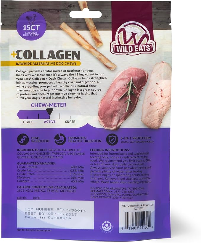 Wild Eats Real Duck Collagen Retriever Bully Sticks for Dogs, (15 Count), Long Lasting Dog Chews, No Hide Dog Treat Bully Stick Alternative, Rawhide Free, Low Fat, High Protein, Grain Free