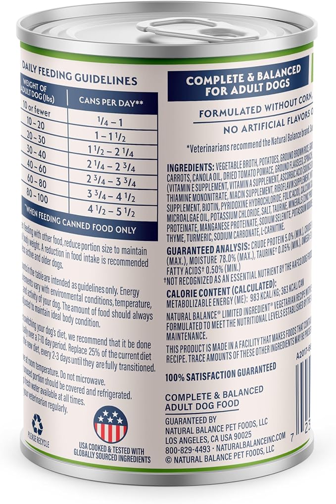 Natural Balance Limited Ingredient Adult Wet Canned Dog Food with Vegan Plant Based Protein and Healthy Grains, Vegetarian Recipe, 13 Ounce (Pack of 12)