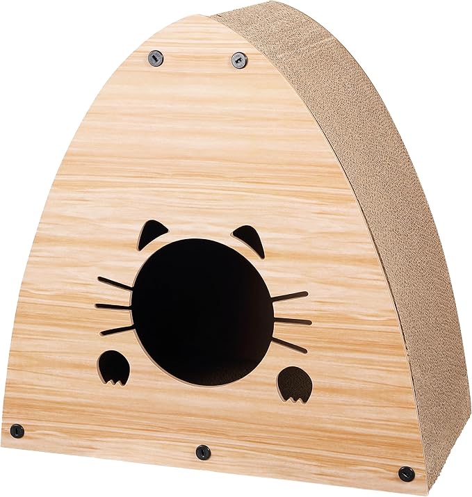 CSR1006H Koko 19" Modern Cardboard Triangle Cat Cave Scratcher with Catnip, Brown Wood Pattern, 2-in-1 Corrugated Cat House Hideaway & Scratching Board for Cats, Space-Saving