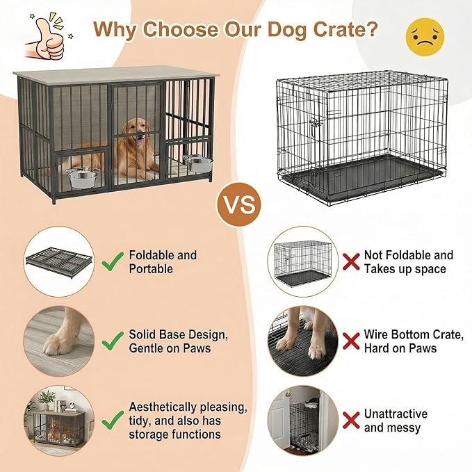 Hadulcet Foldable Dog Crate Furniture, 41'' No Assembly Indoor Dog Kennel with Storage Top, Wooden Dog Crate Table for Small to Medium Dogs, Furniture Style Dog Cage with 2 Bowls Gray